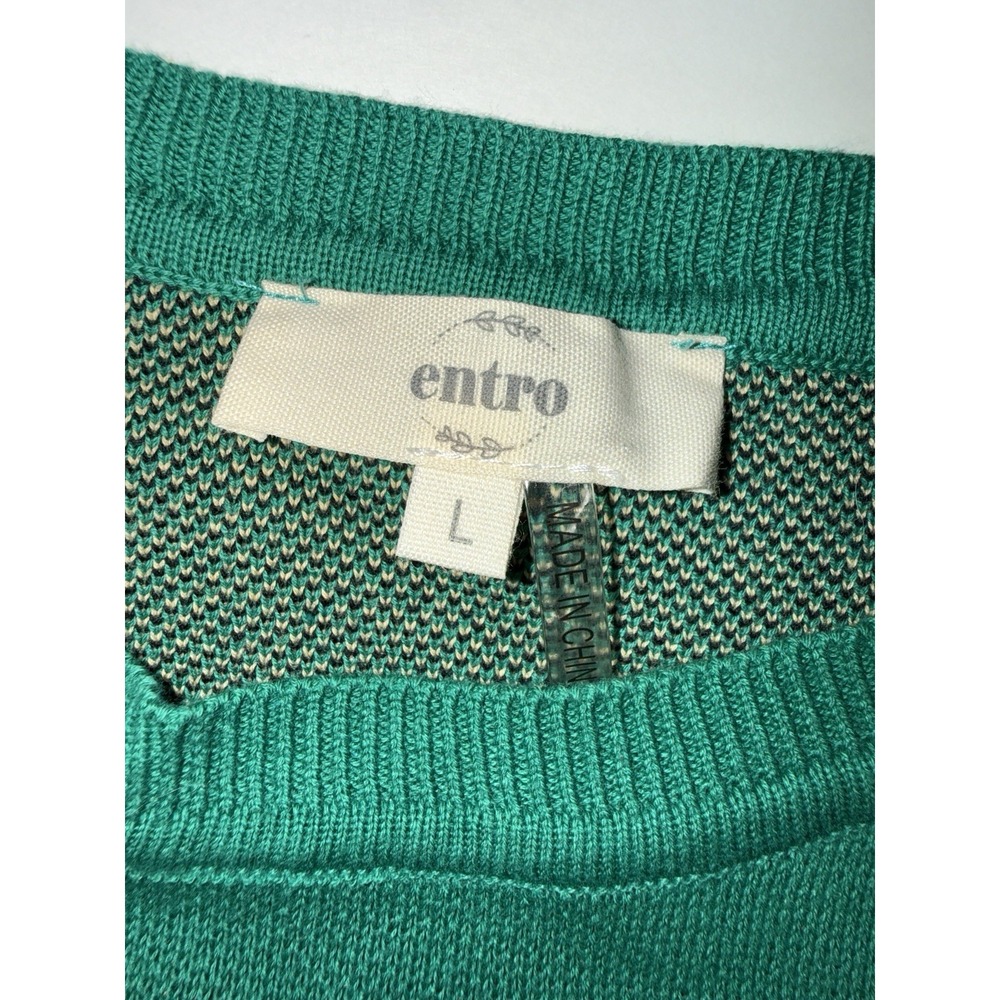Entro Green Cheetah Ruffle Sleeve Sweater Top Knit Crewneck Size L 100% Cotton - Picture 3 of 7